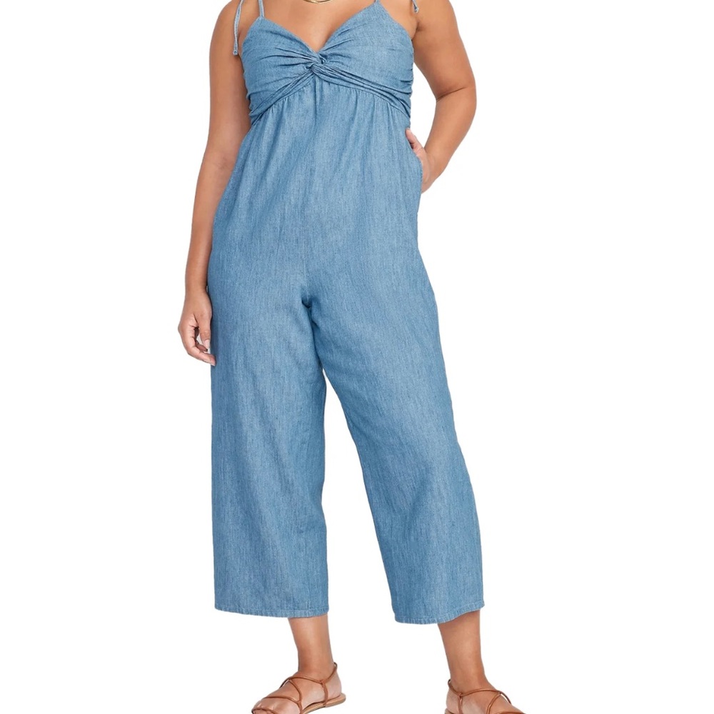 Denim Old Navy tie strap twist front jumpsuit